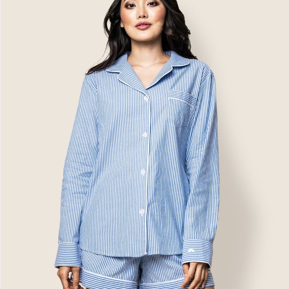 Petite Plume Womens Twill Long Sleeve Short Set in French Blue Heritage Stripe